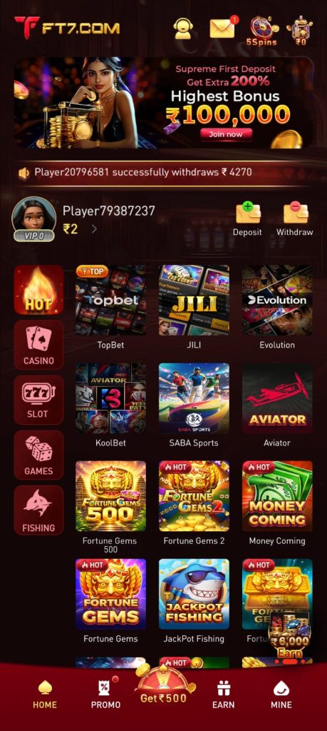 FT7 Game lobby featuring casino, slots, Aviator, sports and multiple game categories
